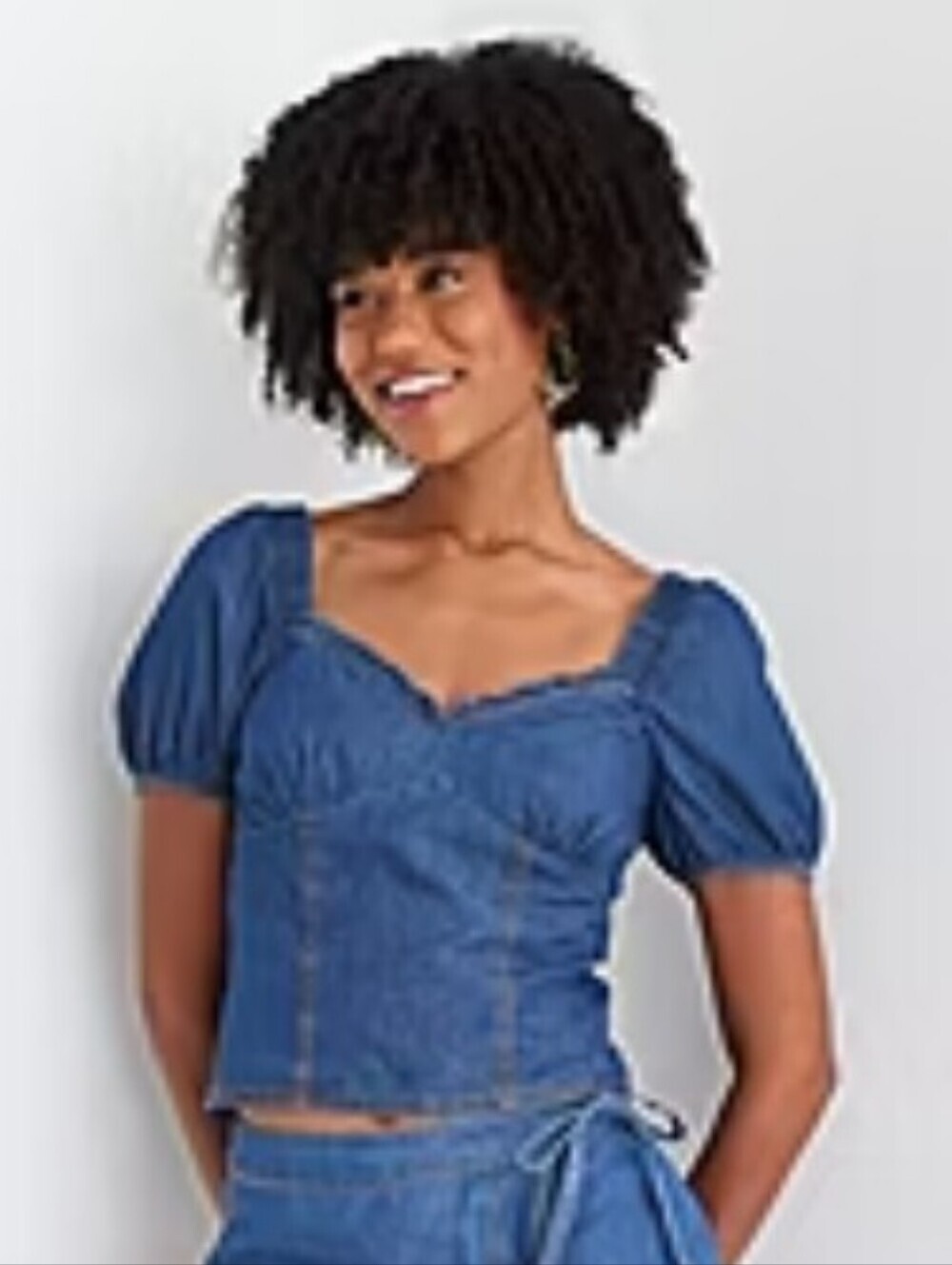 By&by Denim Balloon Sleeve Cropped Top